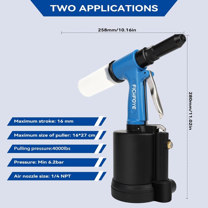 FICHFOYE Store Heavy Duty Pneumatic Rivet Gun, 4000LBF Air Rivet Gun Set- 3/32", 1/8", 5/32", 3/16", 1/4" Riveter with NPT 1/4 inch for Automotive, Construction, Manufacturing Industries - Image 3